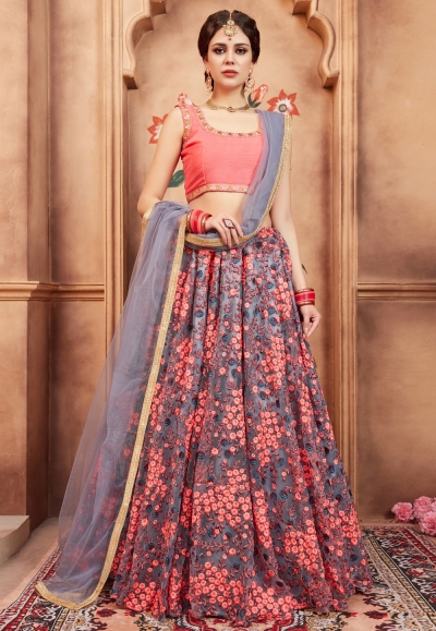 gray net embroidered circular lehenga choli 2003