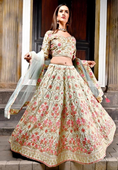 beige velvet circular lehenga choli 9981