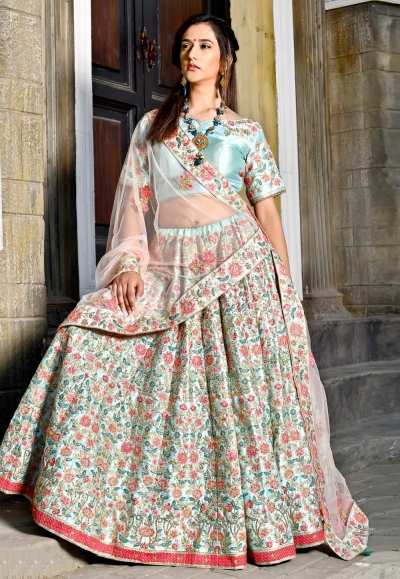 light blue satin circular lehenga choli 9982