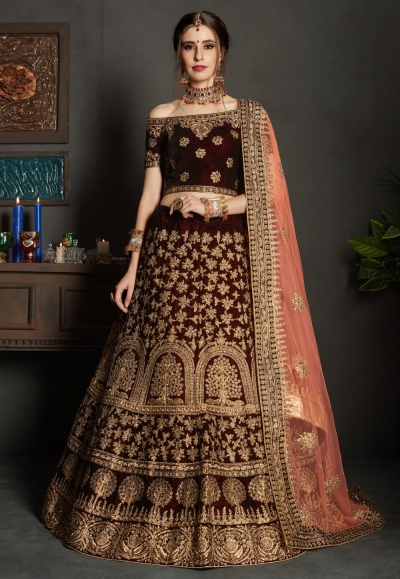 maroon velvet embroidered circular lehenga choli 1901