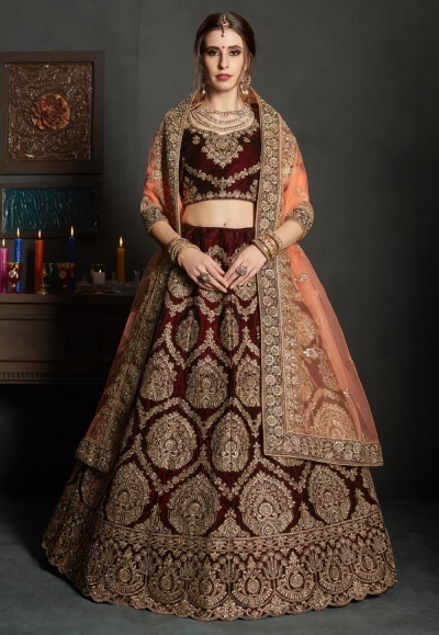 maroon velvet circular lehenga choli 1903