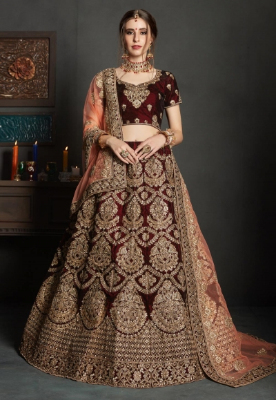 maroon velvet circular lehenga choli 1905