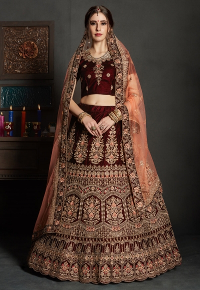 maroon velvet embroidered lehenga choli 1907