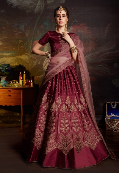 maroon satin circular lehenga choli 1805