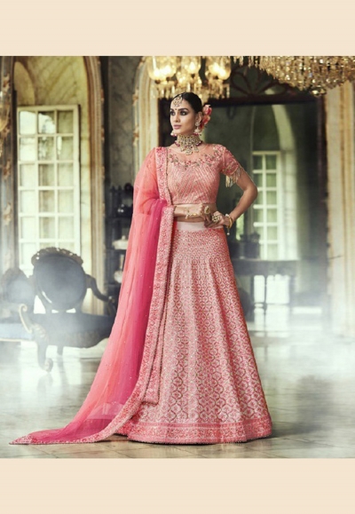 pink satin embroidered circular lehenga choli 5135