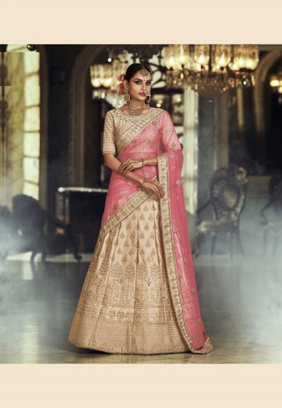 beige satin embroidered circular lehenga choli 5137