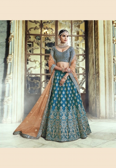 teal blue satin circular lehenga choli 5130