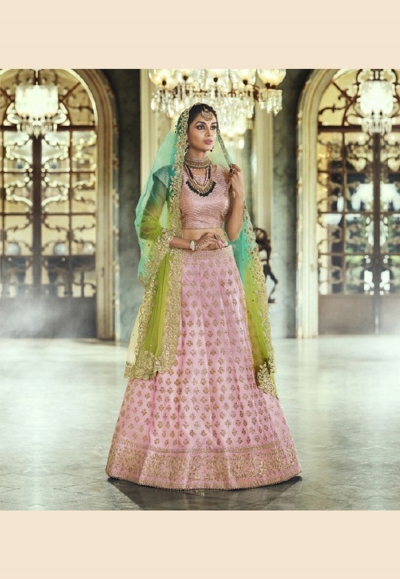 pink satin embroidered circular lehenga choli 5132