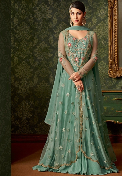 Sea green rangoli net long embroidered jacket style anarkali suit 7107