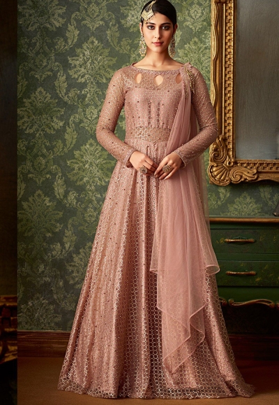 peach jacquard net floor length designer anarkali suit 7106