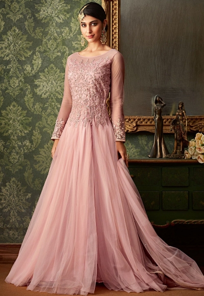 pink net embroidered floor length gown 7104