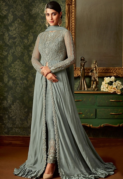 blue shade rangoli embroidered floor length designer suit 7102