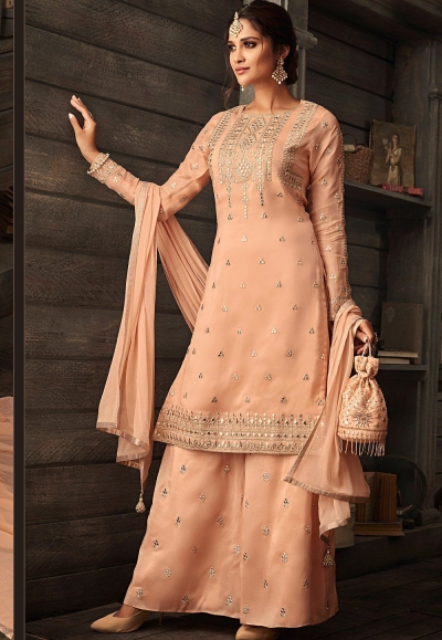 peach georgette embroidered palazzo style suit 30007