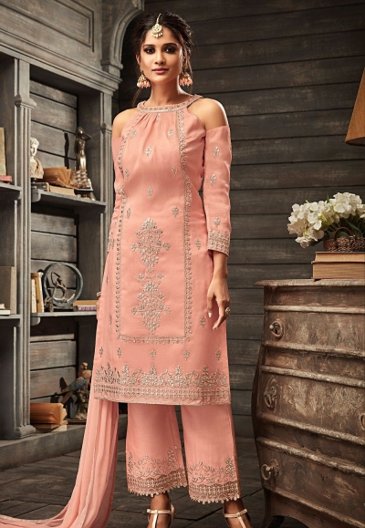 pink georgette embroidered straight trouser style suit 30004