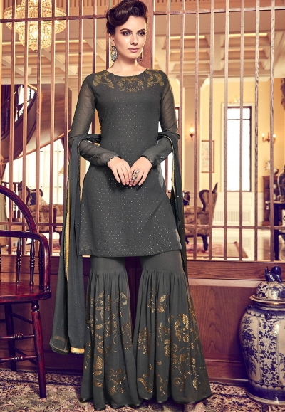 dark grey georgette designer sharara pakistani suit 6011