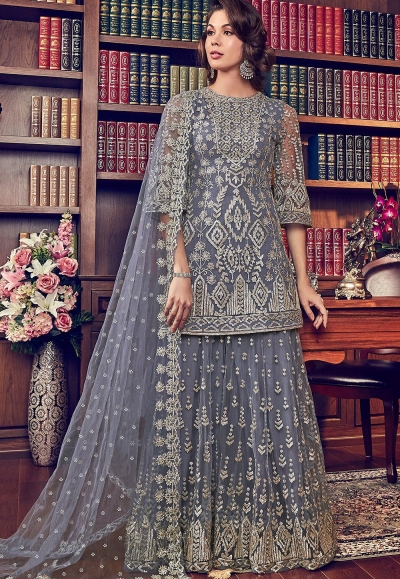 grey shade butterfly net embroidered sharara style pakistani suit 6008