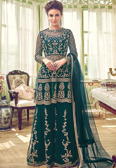 green shade butterfly net embroidery palazzo style pakistani suit 6002