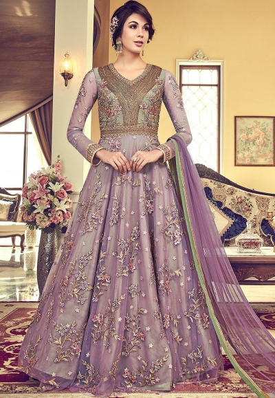 mauve net heavy embroidered floor length anarkali suit 6001