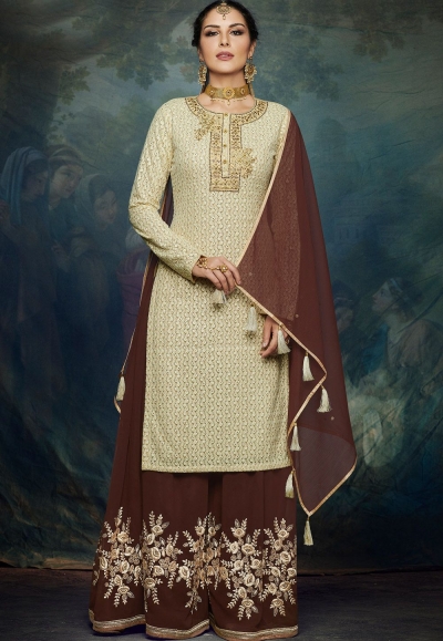 coffee brown georgette embroidered palazzo style pakistani suit 1046