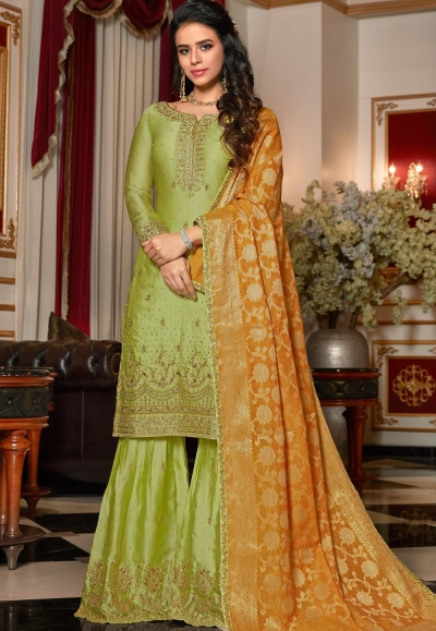 green designer satin georgette embroidered sharara style pakistani suit 4516