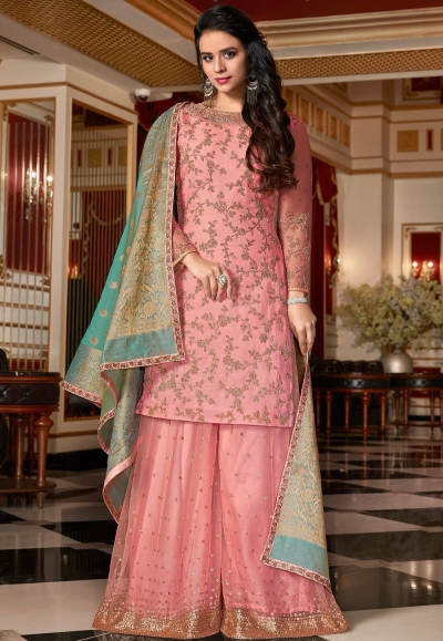light pink designer satin georgette embroidered sharara style pakistani suit 4515