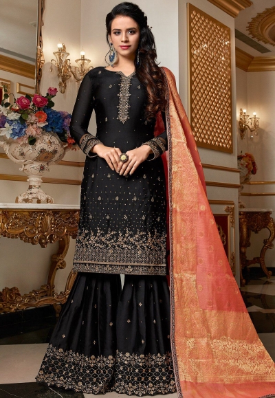 black designer satin georgette embroidered sharara style pakistani suit 4514