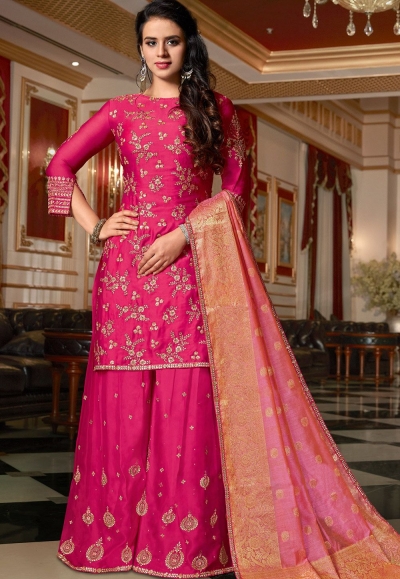 bright pink designer satin georgette embroidered sharara style pakistani suit 4513