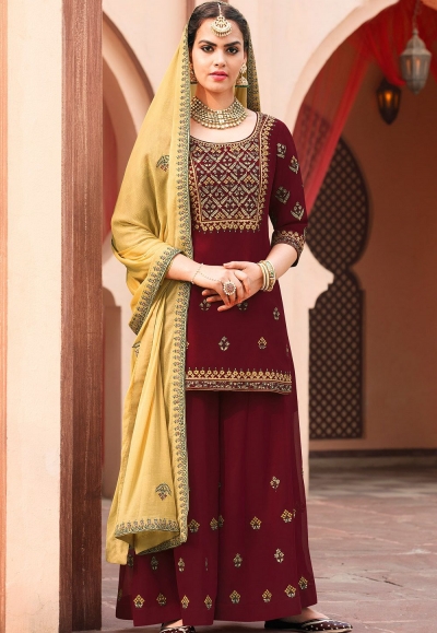 maroon georgette embroidered palazzo style pakistani suit 4008