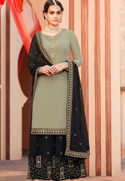 pastel green georgette embroidered palazzo style pakistani suit 4007