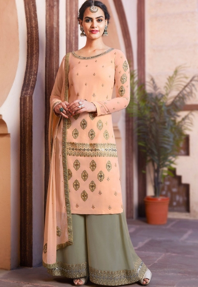 peach grey georgette embroidered palazzo style pakistani suit 4004