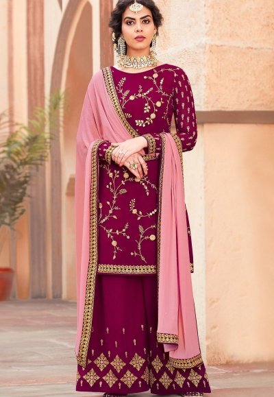 magenta georgette embroidered palazzo style pakistani suit 4001