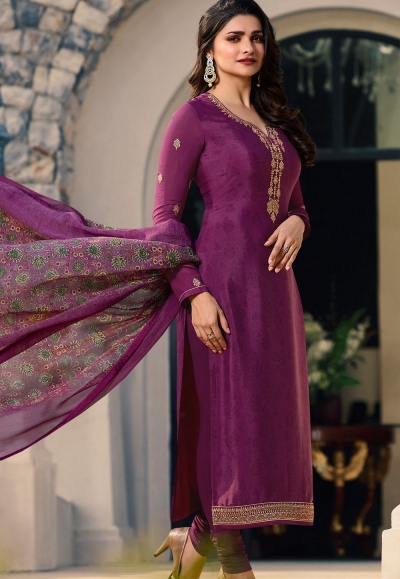 prachi desai purple crepe straight churidar bollywood suit 9964