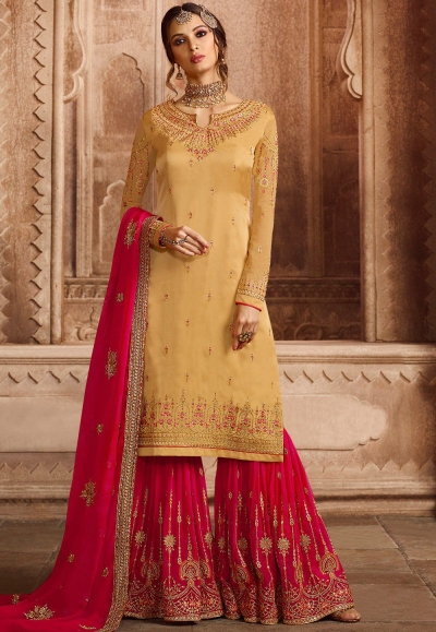 mustard satin georgette embroidered sharara style pakistani suit 46075
