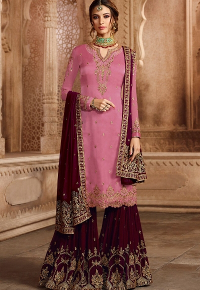 pink satin georgette embroidered sharara style pakistani suit 46073