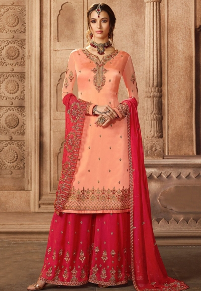 peach satin georgette embroidered palazzo style pakistani suit 46070
