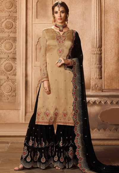 beige satin georgette embroidered sharara style pakistani suit 46068