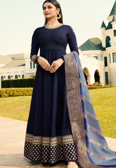 prachi desai dark blue silk long anarkali suit 10234