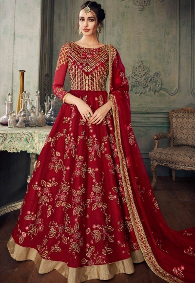 maroon heavy net embroidered lehenga style anarkali suit 8219