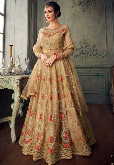 beige heavy net embroidered lehenga style anarkali suit 8216