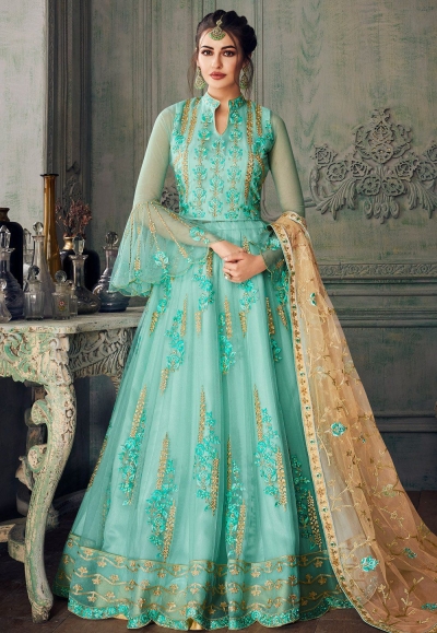 sky blue heavy net embroidered lehenga style anarkali suit 8215