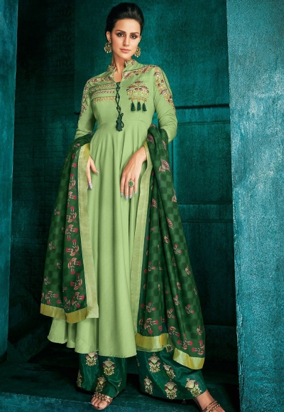 green muslin long embroidered palazzo style suit 726