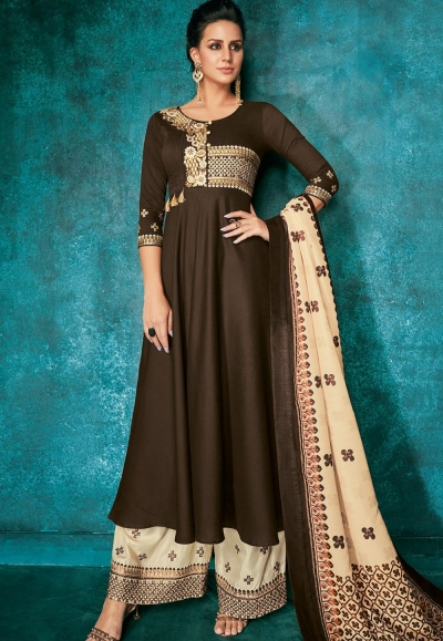 dark brown muslin long embroidered palazzo style suit 724