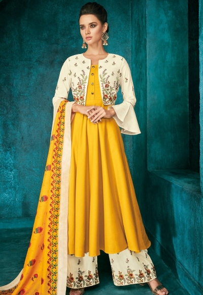 yellow white muslin long embroidered palazzo style suit 723
