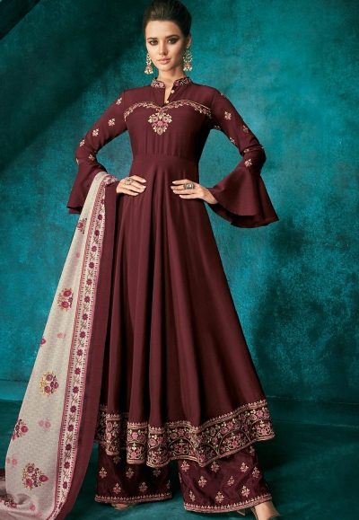 brown muslin long embroidered palazzo style suit 721