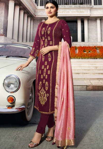 prachi desai wine silk embroidered trouser style suit 36247