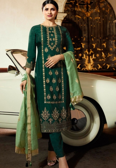 prachi desai green silk embroidered trouser style suit 36246