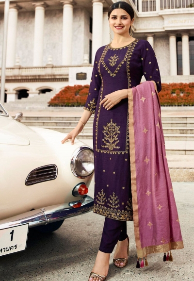 prachi desai purple silk embroidered trouser style suit 36245