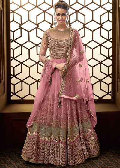 Pink net embroidered floor length anarkali suit 15007