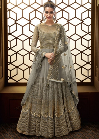 grey net embroidered floor length anarkali suit 15007