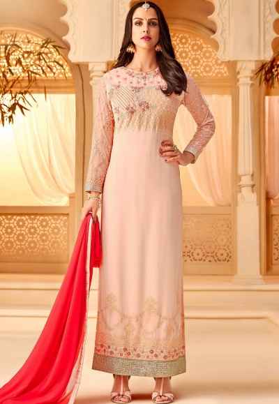 light pink georgette embroidered trouser style suit 5117